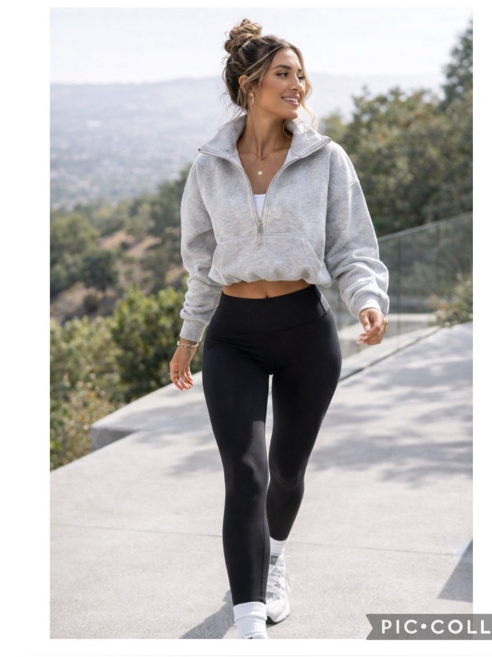 NWT ODODOS Funnel Neck Modal Soft Cropped Half Zip Pullover Sweatshirt Gray L